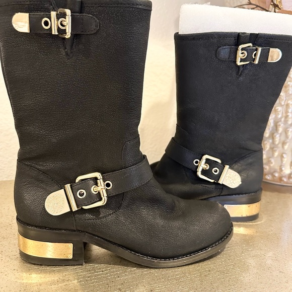 Women’s Black Mid-Calf Leather Biker Boots - Picture 8 of 12